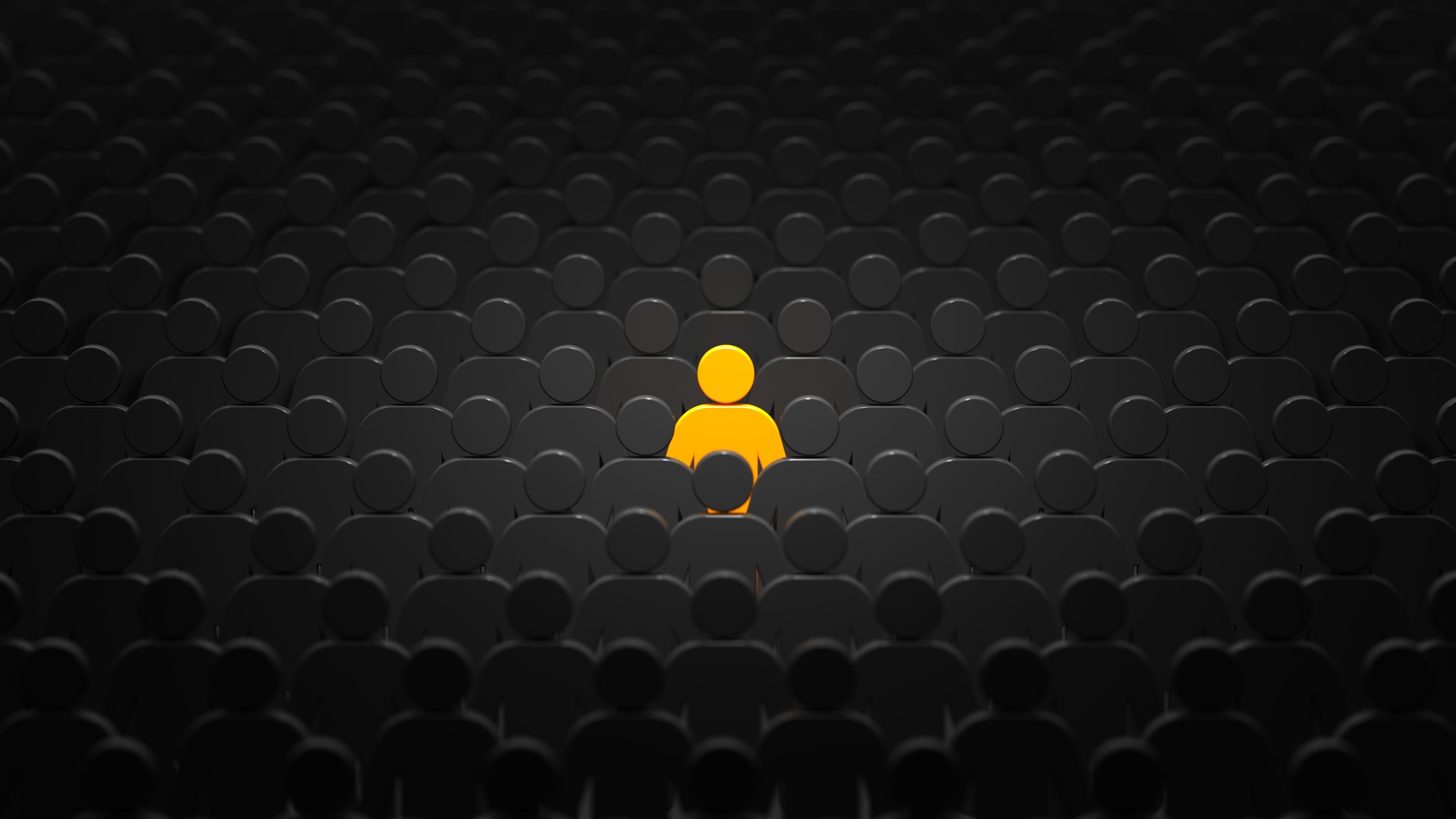 3d illustration of a lot people with unique yellow person. Stand out from the crowd. Leader of business group. Teamwork concept.